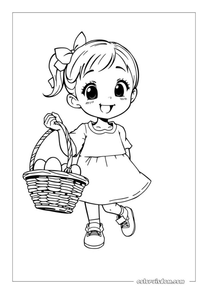 This drawing of a young girl carrying her basket with excitement and pride captures the thrill of collecting eggs.