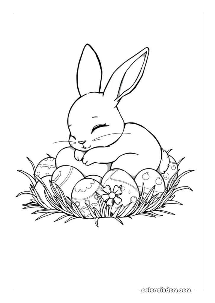 Easter Bunny Sleeping on a Pile of Eggs