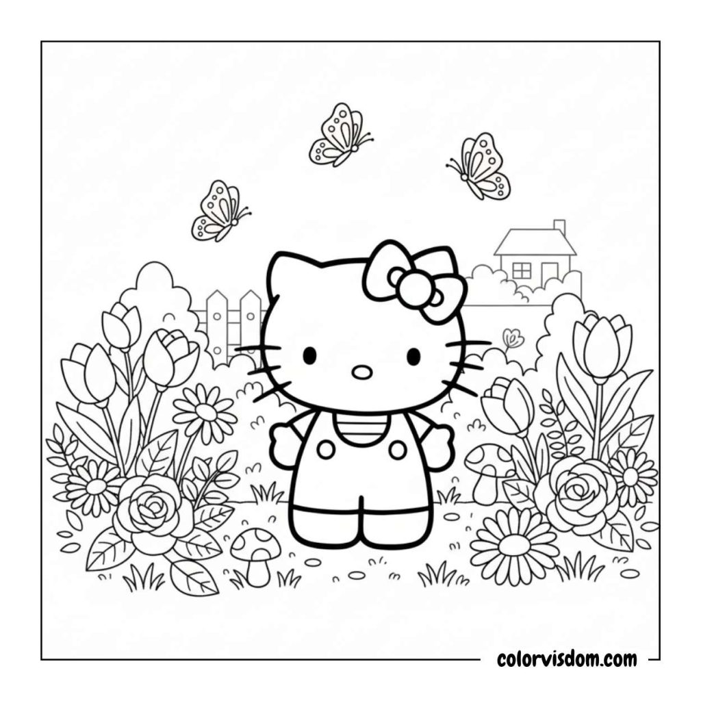 Hello Kitty standing in a garden with butterflies flying around