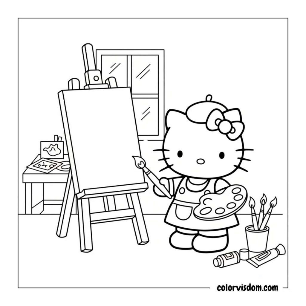 Hello Kitty painting on an easel, holding a brush and palette