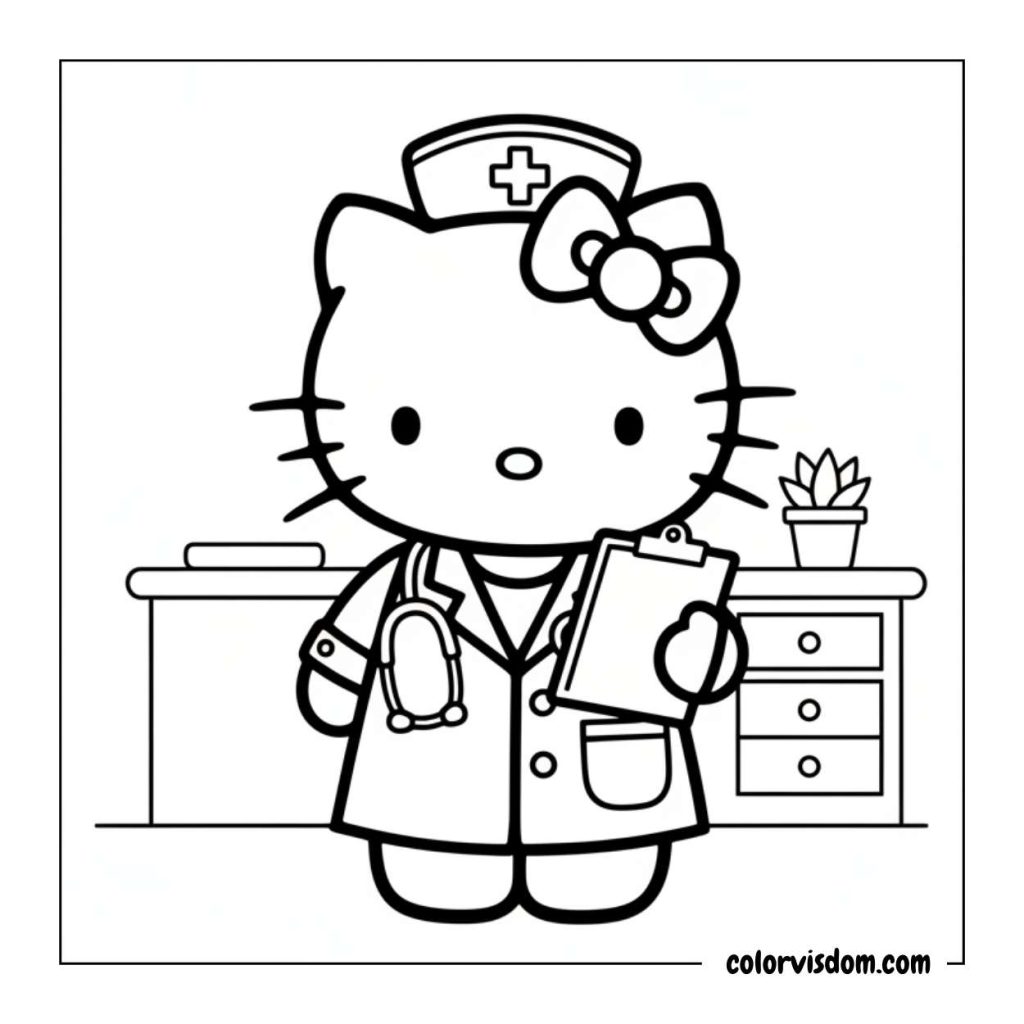 Hello Kitty dressed as a doctor, with a stethoscope around her neck