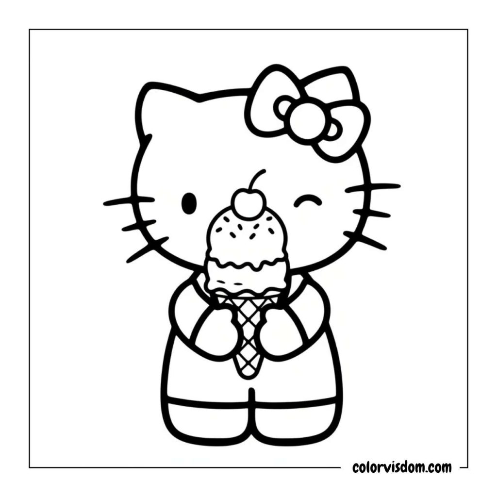 Hello Kitty holding an ice cream cone, smiling happily