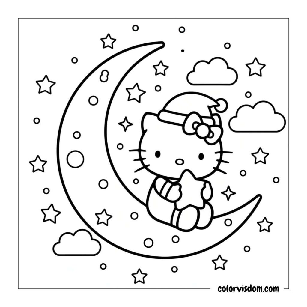 Hello Kitty having a peaceful time on the moon among the stars!