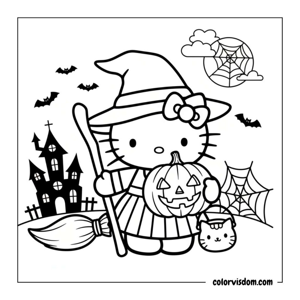 Hello Kitty ready for Halloween in a witch costume with a pumpkin!