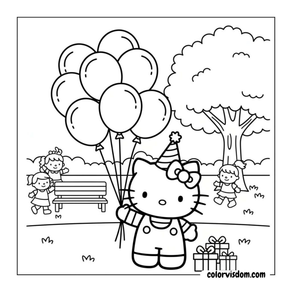 Hello Kitty celebrating with balloons in a park!