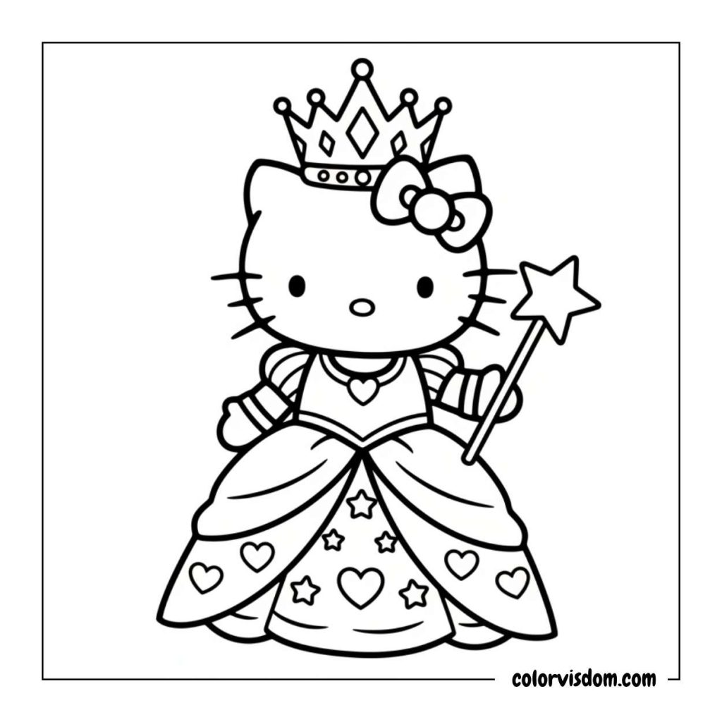 Hello Kitty wearing a princess crown and dress