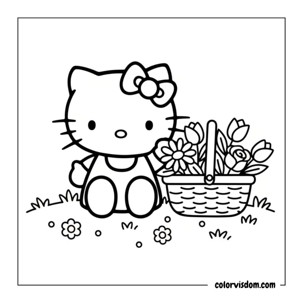 Hello Kitty sitting on the grass with a basket of flowers