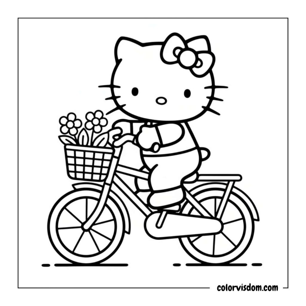 Hello Kitty riding a bicycle with a little basket in front