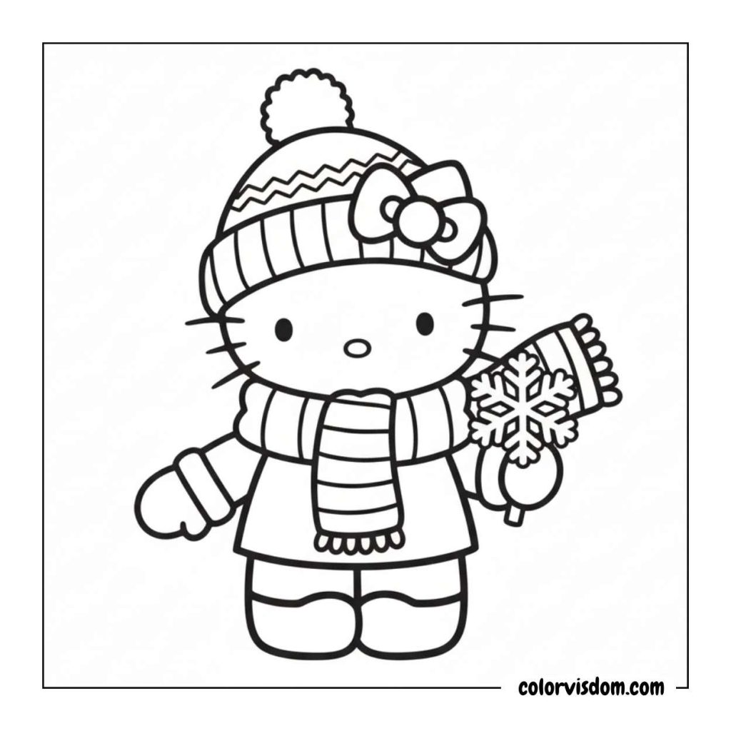 Hello Kitty wearing winter clothes, scarf and hat, holding a snowflake