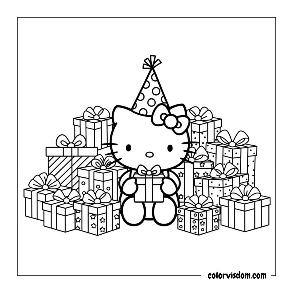 Hello Kitty sitting with a pile of wrapped birthday presents