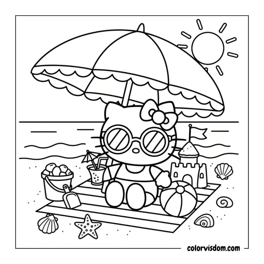 Hello Kitty wearing sunglasses and sitting under a beach umbrella
