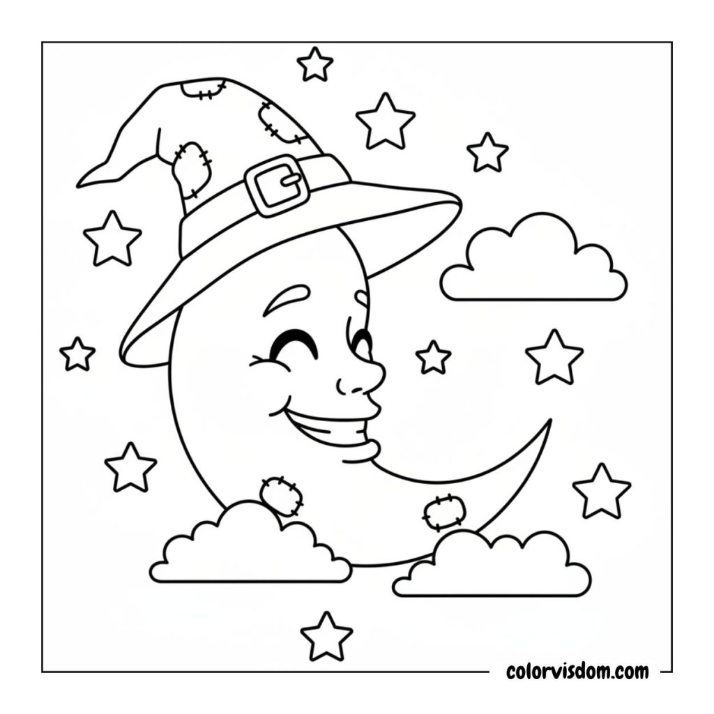 Smiling Moon with Witch Hat
