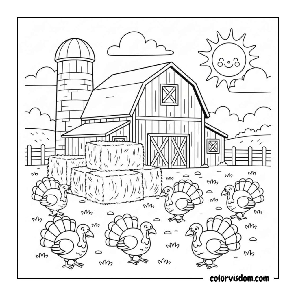 Farm Scene with Turkeys and Hay Bales