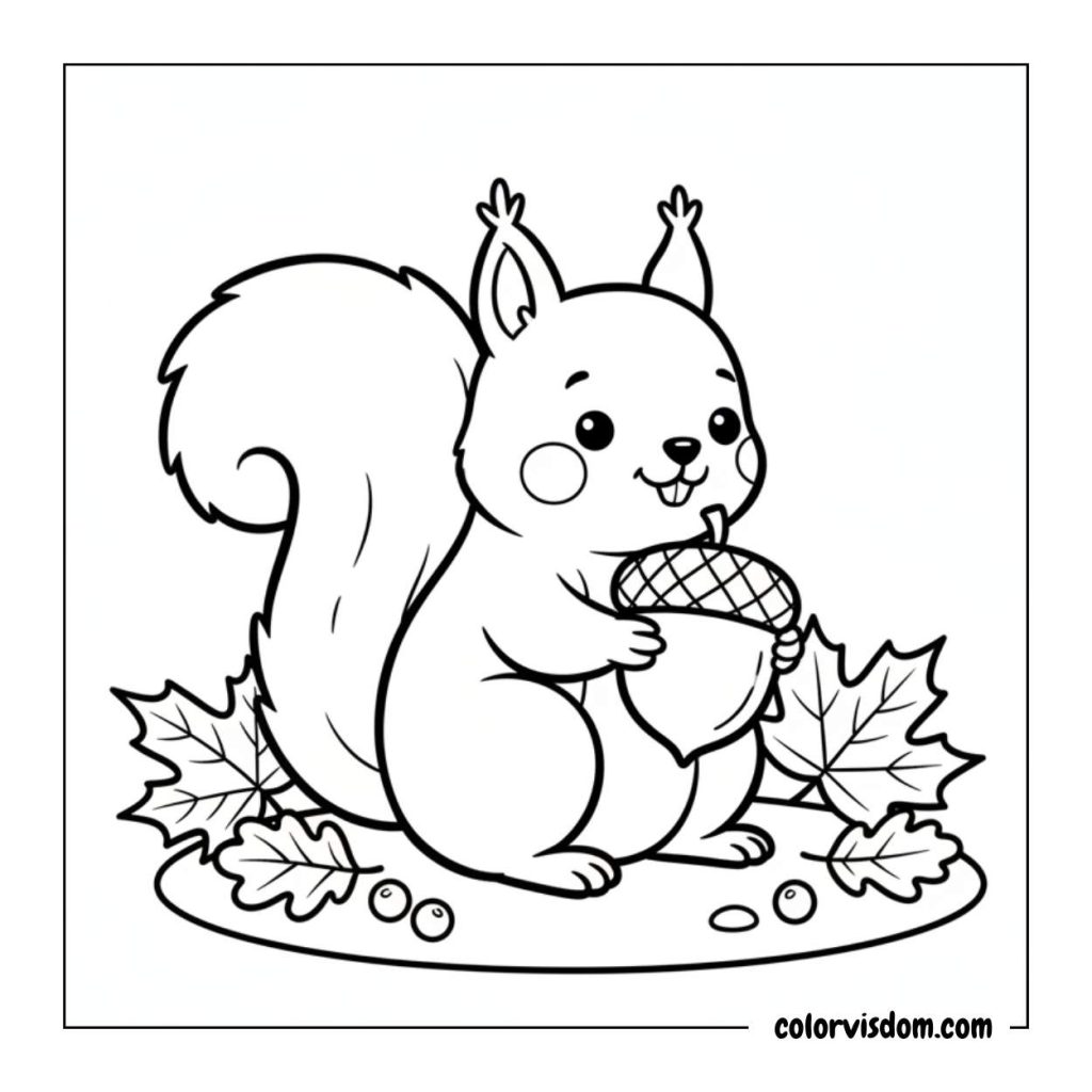 Squirrel with Acorn and Fall Leaves
