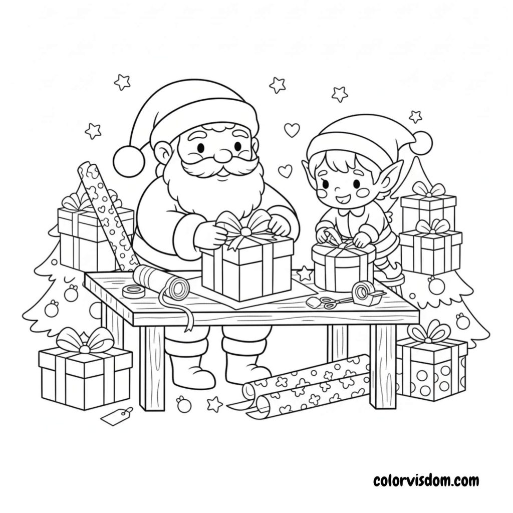 Santa and an Elf Wrapping Gifts