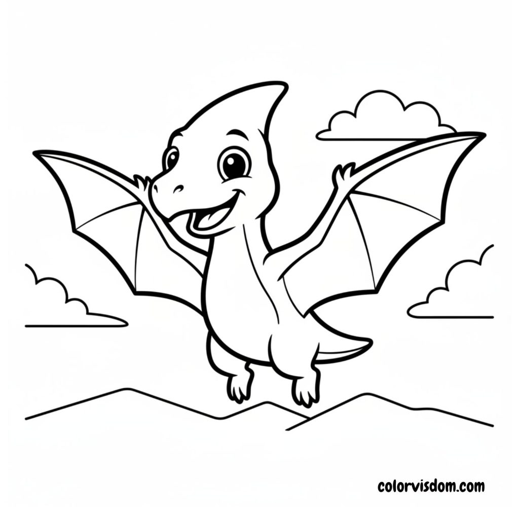 Smiling Pterodactyl flying with open wings